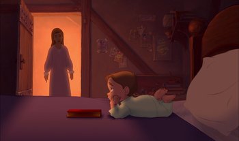 Movie still from “Treasure Planet” (2002), directed by John Musker – A child laying on a bed next to jesus; Wide shot, High angle