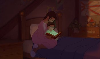 Movie still from “Treasure Planet” (2002), directed by John Musker – A woman and a child are reading a book; Medium shot, High angle