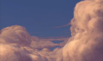 Movie still from “Treasure Planet” (2002), directed by John Musker – A plane flying in the sky with clouds in the background; Extreme Wide shot, Low angle