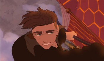 Movie still from “Treasure Planet” (2002), directed by John Musker – A cartoon of a young man with brown hair and brown eyes; Close Up shot, Overhead angle