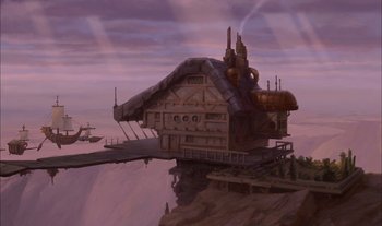 Movie still from “Treasure Planet” (2002), directed by John Musker – An image of a house on the edge of a cliff; Extreme Wide shot, Low angle