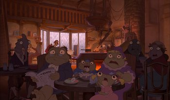 Movie still from “Treasure Planet” (2002), directed by John Musker – A group of people sitting around a table; Wide shot, High angle