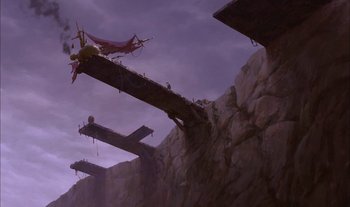 Movie still from “Treasure Planet” (2002), directed by John Musker – A painting of a bridge over a cliff; Extreme Wide shot, Low angle