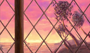 Movie still from “Treasure Planet” (2002), directed by John Musker – An oil painting of a window with a view of the ocean; Wide shot, Low angle