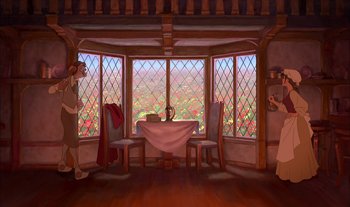 Movie still from “Treasure Planet” (2002), directed by John Musker – An oil painting of a dining room with a view of a valley; Wide shot, Low angle