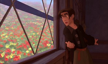 Movie still from “Treasure Planet” (2002), directed by John Musker – A man standing in front of a window looking out at flowers; Medium shot, High angle