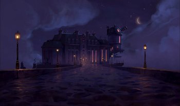 Movie still from “Treasure Planet” (2002), directed by John Musker – An illustration of an old mansion at night with the moon in the background; Extreme Wide shot, Low angle