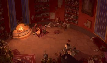 Movie still from “Treasure Planet” (2002), directed by John Musker – An artist's rendering of a living room with bookshelves and a fireplace; Extreme Wide shot, High angle