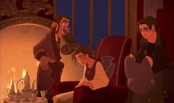 Movie still from “Treasure Planet” (2002), directed by John Musker – An illustration of a man and a woman sitting in a chair; Medium shot, Over the shoulder angle