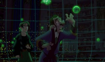 Movie still from “Treasure Planet” (2002), directed by John Musker – A man and a boy are playing with a glowing ball; Medium shot, Overhead angle
