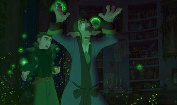 Movie still from “Treasure Planet” (2002), directed by John Musker – A man and a boy in a dark room with green lights in front of them; Medium shot, Low angle