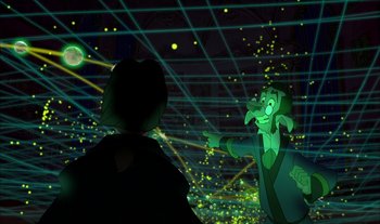 Movie still from “Treasure Planet” (2002), directed by John Musker – A man and a woman in a room with lights in the background; Wide shot, Low angle