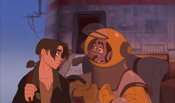 Movie still from “Treasure Planet” (2002), directed by John Musker – An animated picture of a man and a woman; Medium shot, Over the shoulder angle
