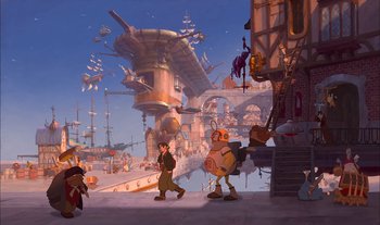 Movie still from “Treasure Planet” (2002), directed by John Musker – An artistic rendering of a city with a lot of buildings; Extreme Wide shot, Low angle