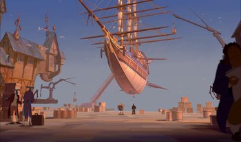 Movie still from “Treasure Planet” (2002), directed by John Musker – An animated ship floating in the middle of the ocean; Extreme Wide shot, Low angle