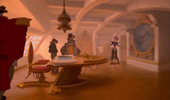 Movie still from “Treasure Planet” (2002), directed by John Musker – An artistic rendering of a room with a table , chairs , and a person standing in front of it; Extreme Wide shot, High angle