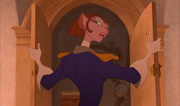 Movie still from “Treasure Planet” (2002), directed by John Musker – A woman in a purple dress with a cat on her shoulder; Medium shot, Low angle