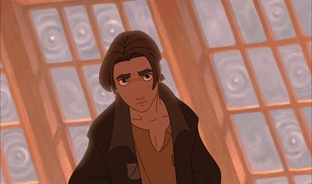 Movie still from “Treasure Planet” (2002), directed by John Musker – A man in a brown jacket is standing in front of a window; Close Up shot, High angle