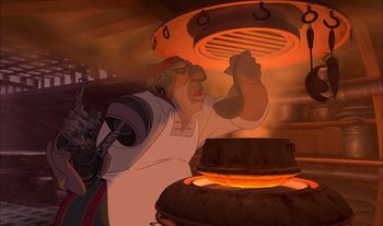 Movie still from “Treasure Planet” (2002), directed by John Musker – An animation of a man cooking in an oven; Medium shot, Low angle