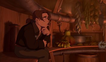 Movie still from “Treasure Planet” (2002), directed by John Musker – An animated man sitting in front of a wooden table; Medium shot, High angle