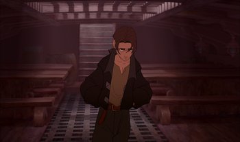 Movie still from “Treasure Planet” (2002), directed by John Musker – A man in a black jacket standing in a room with stairs; Medium shot, High angle