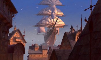 Movie still from “Treasure Planet” (2002), directed by John Musker – An artistic rendering of a ship floating in the sky above some houses; Extreme Wide shot, Low angle