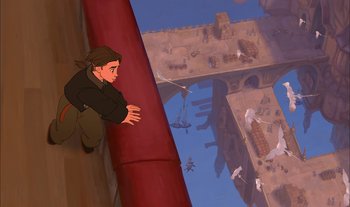 Movie still from “Treasure Planet” (2002), directed by John Musker – A man leaning on the side of a building; Wide shot, Overhead angle