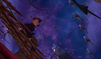 Movie still from “Treasure Planet” (2002), directed by John Musker – A scene from the movie the little mermaid; Extreme Wide shot, Overhead angle