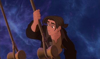 Movie still from “Treasure Planet” (2002), directed by John Musker – A man holding onto a wooden pole while standing on a platform; Medium shot, Low angle