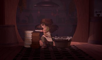 Movie still from “Treasure Planet” (2002), directed by John Musker – An animated woman in a kitchen with a stack of papers; Wide shot, Low angle