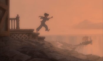 Movie still from “Treasure Planet” (2002), directed by John Musker – A person jumping in the air over a cliff; Extreme Wide shot, High angle