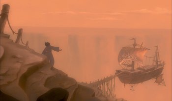 Movie still from “Treasure Planet” (2002), directed by John Musker – A man standing on a cliff next to a boat; Extreme Wide shot, Low angle