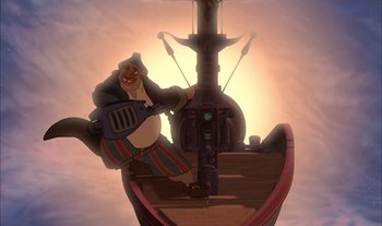 Movie still from “Treasure Planet” (2002), directed by John Musker – A cartoon character sitting on top of a boat; Wide shot, Low angle
