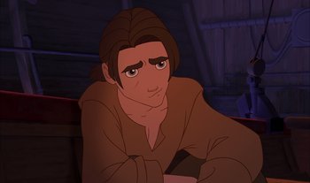 Movie still from “Treasure Planet” (2002), directed by John Musker – A man with long brown hair and a brown shirt; Close Up shot, High angle