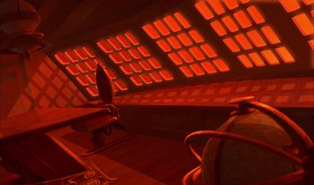 Movie still from “Treasure Planet” (2002), directed by John Musker – An orange room with a chair and a table in it; Extreme Wide shot, High angle