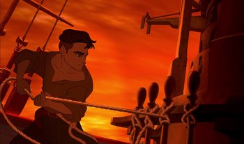 Movie still from “Treasure Planet” (2002), directed by John Musker – An animated picture of a man pulling a rope; Medium shot, High angle