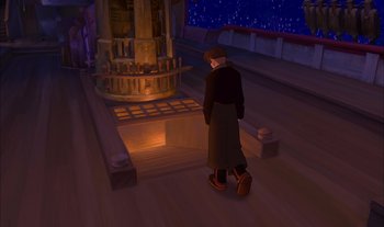 Movie still from “Treasure Planet” (2002), directed by John Musker – A man standing in front of a fire place; Wide shot, High angle