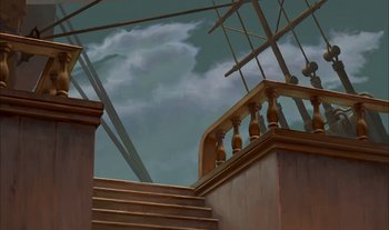 Movie still from “Treasure Planet” (2002), directed by John Musker – An artistic painting of a staircase with a sky in the background; Extreme Wide shot, Low angle