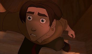Movie still from “Treasure Planet” (2002), directed by John Musker – An animated picture of a man with a surprised look on his face; Close Up shot, Overhead angle
