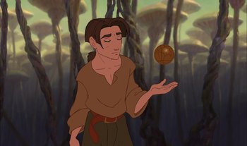 Movie still from “Treasure Planet” (2002), directed by John Musker – A man in brown shirt throwing a ball in a forest; Medium shot, Low angle