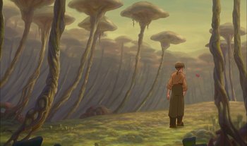 Movie still from “Treasure Planet” (2002), directed by John Musker – A man standing in front of a forest of mushrooms; Wide shot, Low angle