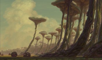 Movie still from “Treasure Planet” (2002), directed by John Musker – An artistic painting of a forest of mushrooms in the sky; Extreme Wide shot, Low angle
