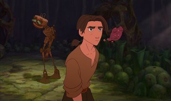 Movie still from “Treasure Planet” (2002), directed by John Musker – A man standing next to an insect in a forest; Medium shot, Low angle