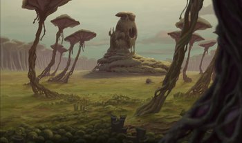 Movie still from “Treasure Planet” (2002), directed by John Musker – An artistic painting of an alien landscape with trees; Extreme Wide shot, Low angle