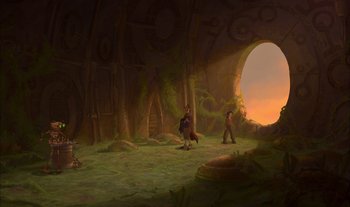 Movie still from “Treasure Planet” (2002), directed by John Musker – A painting of a cave with a horse and rider in it; Extreme Wide shot, Low angle