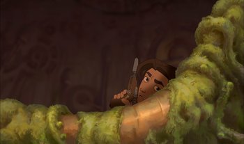 Movie still from “Treasure Planet” (2002), directed by John Musker – An animated person is holding a knife in his mouth; Wide shot, Overhead angle