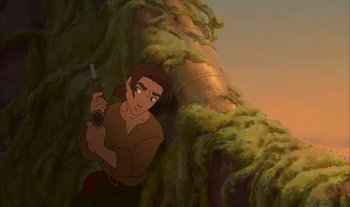 Movie still from “Treasure Planet” (2002), directed by John Musker – A man holding a gun while standing in front of a tree; Medium shot, Low angle