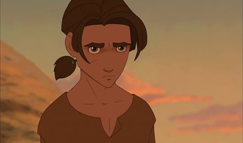 Movie still from “Treasure Planet” (2002), directed by John Musker – An illustration of a young man with long brown hair; Close Up shot, Over the shoulder angle