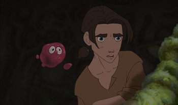 Movie still from “Treasure Planet” (2002), directed by John Musker – A man and a blob in a dark room; Close Up shot, Over the shoulder angle
