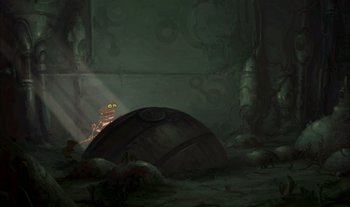 Movie still from “Treasure Planet” (2002), directed by John Musker – An image of an animated creature sitting on top of an object; Wide shot, Low angle